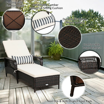 Adjustable PE Rattan Chaise Lounge Chair Arm Chair Recliner with Pillow
