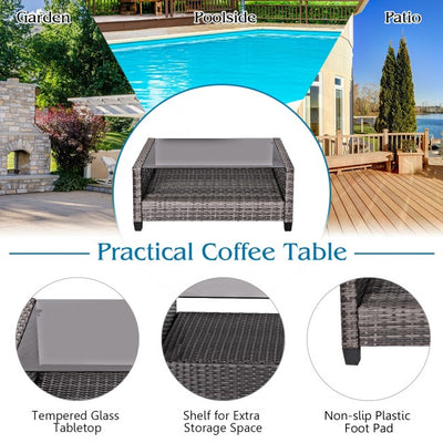 4 Pieces Patio Rattan Furniture Set Coffee Table Cushioned Sofa Set