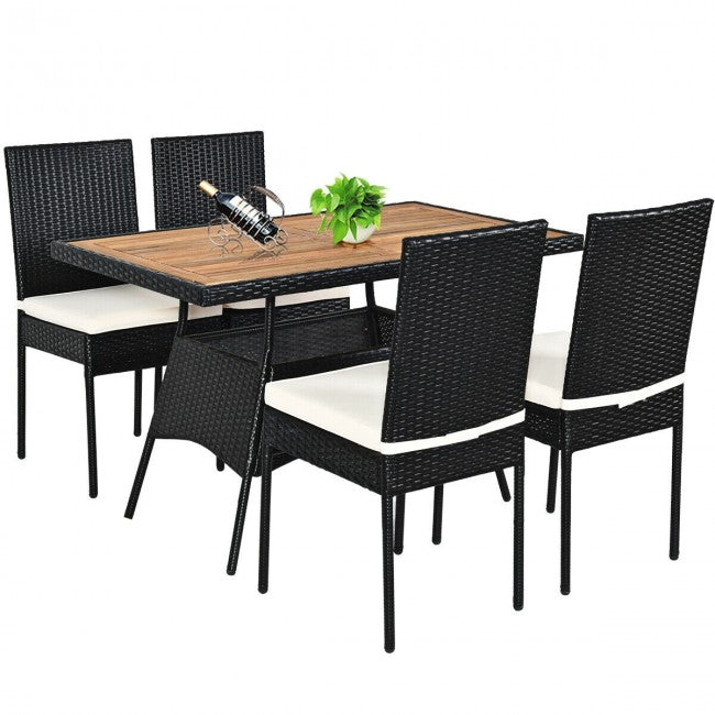 5 Pieces Patio Rattan Dining Set Table with Wooden Top