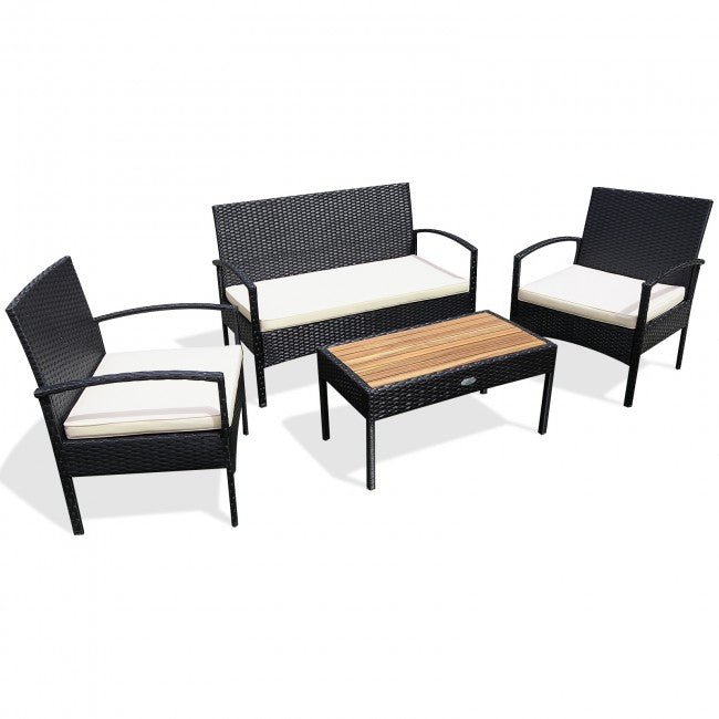 4 Pieces Patio Rattan Furniture Set Sofa Chair Coffee Table with Cushion