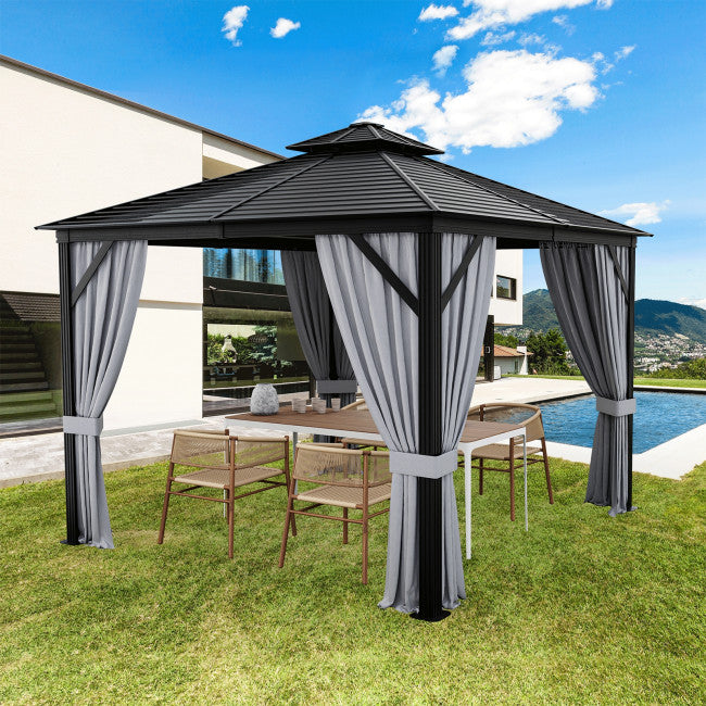 10 x 10 Feet Outdoor Hardtop Gazebo Double-Top Pavilion with Netting and Curtains