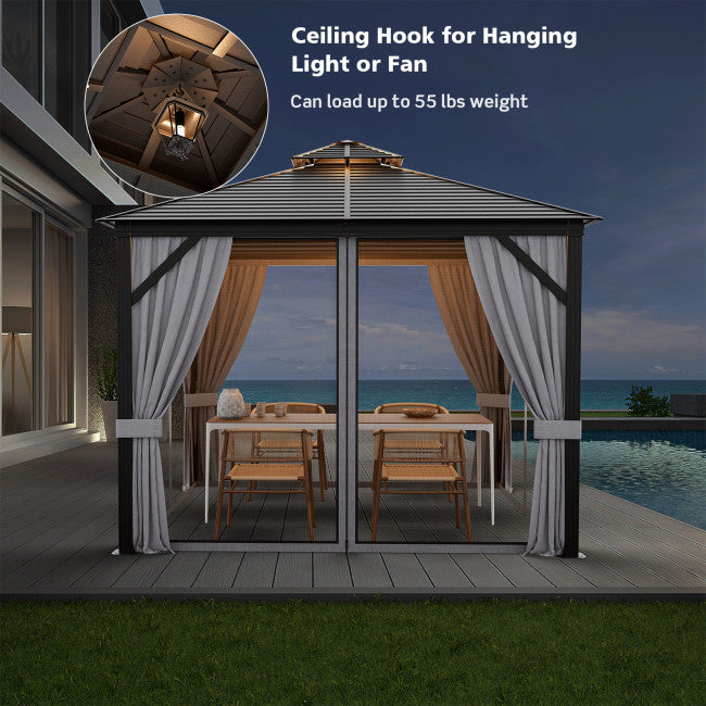 10 x 10 Feet Outdoor Hardtop Gazebo Double-Top Pavilion with Netting and Curtains