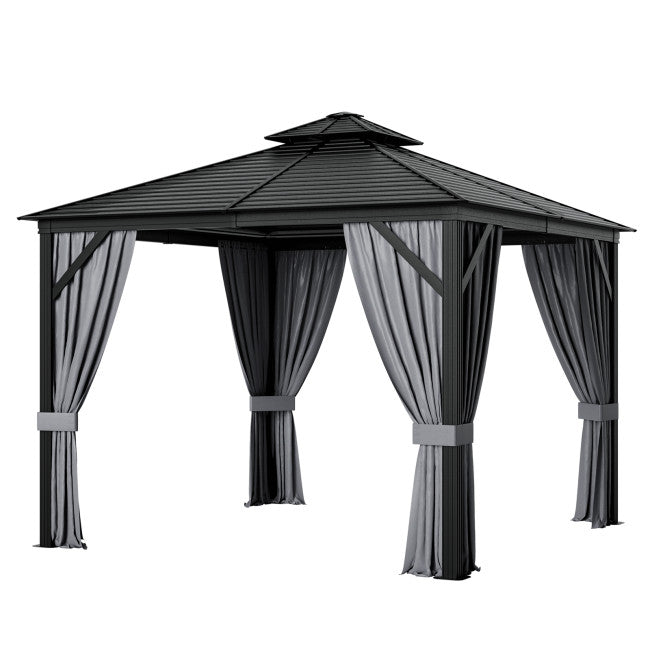 10 x 10 Feet Outdoor Hardtop Gazebo Double-Top Pavilion with Netting and Curtains