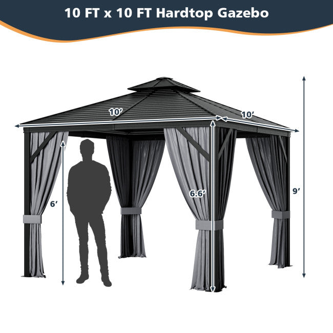 10 x 10 Feet Outdoor Hardtop Gazebo Double-Top Pavilion with Netting and Curtains