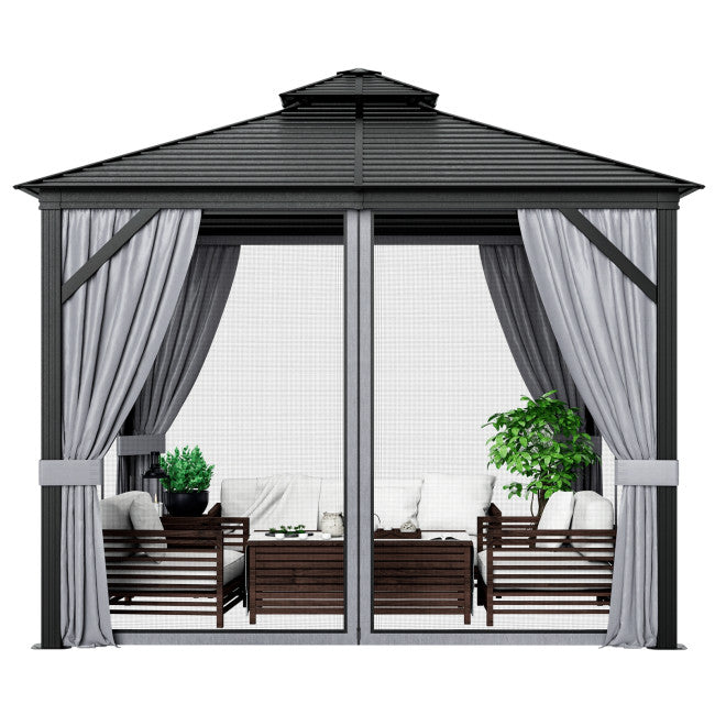 10 x 10 Feet Outdoor Hardtop Gazebo Double-Top Pavilion with Netting and Curtains