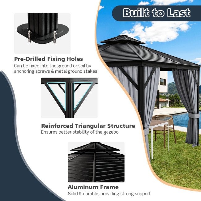 10 x 10 Feet Outdoor Hardtop Gazebo Double-Top Pavilion with Netting and Curtains
