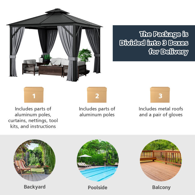 10 x 10 Feet Outdoor Hardtop Gazebo Double-Top Pavilion with Netting and Curtains