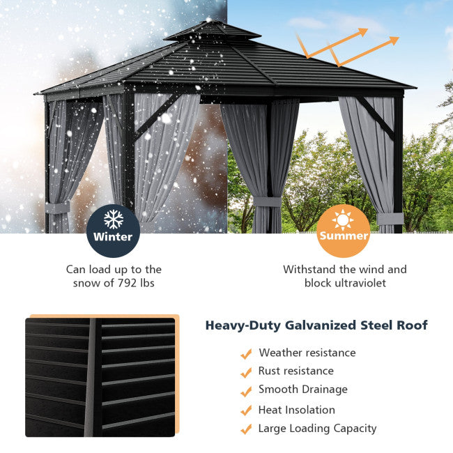 10 x 10 Feet Outdoor Hardtop Gazebo Double-Top Pavilion with Netting and Curtains