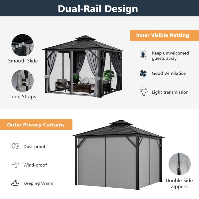 10 x 10 Feet Outdoor Hardtop Gazebo Double-Top Pavilion with Netting and Curtains