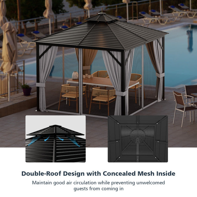 10 x 10 Feet Outdoor Hardtop Gazebo Double-Top Pavilion with Netting and Curtains