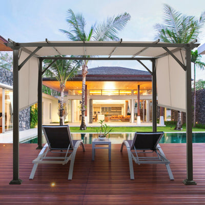 10 x 10 Feet Outdoor Metal Frame Pergola Gazebo Patio Garden Furniture Shelter With Retractable Canopy Shade