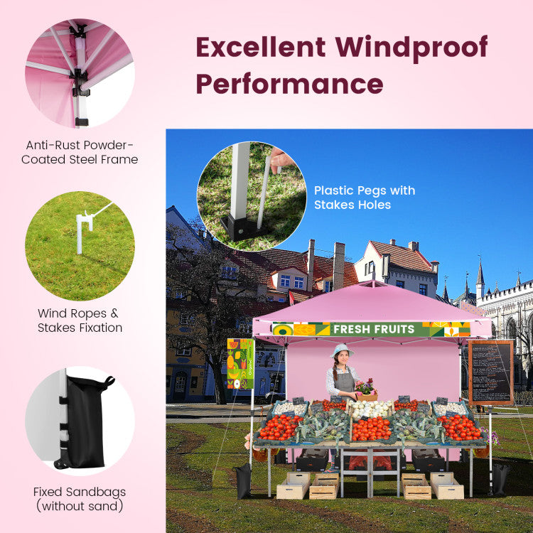 10 x 10 Feet Portable Commercial Pop-up Canopy Foldable Party Tent Awning with Detachable Sidewall and Roller Bag