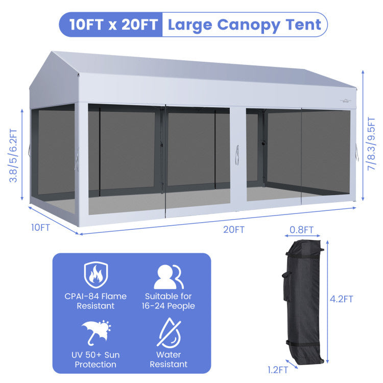 10 x 20 Feet Pop-Up Canopy Party Tent Heavy Duty Garage Car Shelter with Removable Sidewalls and 2-Wheeled Bag