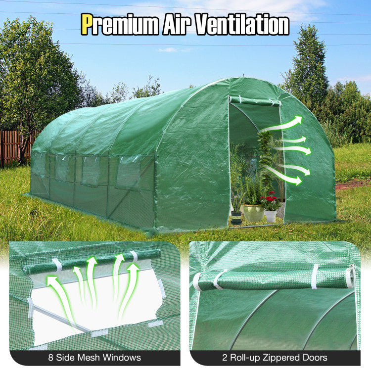 10 x 6.5 x 20 Feet Garden Large Greenhouse Portable Walk-in Tunnel Greenhouse Plastic Plant Hot House with Roll-up Zippered Doors and Side Mesh Windows