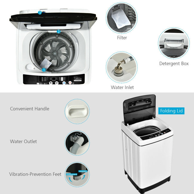 11 LBS Portable Full-Automatic Washing Machine Compact 1.5 Cubic Feet Laundry Washer Spin with LED Display
