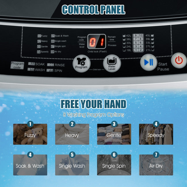 11 LBS Portable Full-Automatic Washing Machine Compact 1.5 Cubic Feet Laundry Washer Spin with LED Display