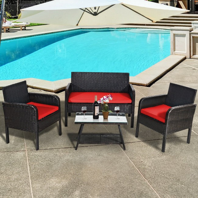 4Pcs Patio Rattan Wicker Furniture Set Conversation Sofa Bench Cushion