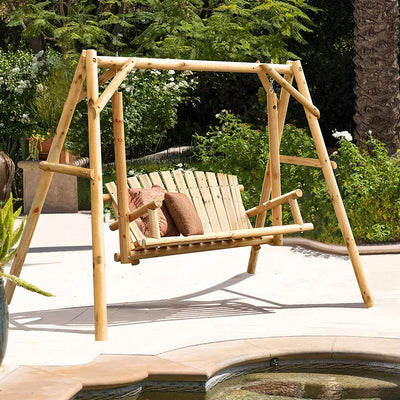 2 Person Outdoor Wooden Swing Chair Patio Porch Bench with A-Frame