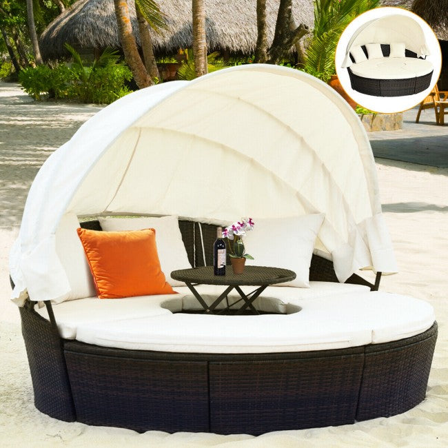 Outdoor Wicker Furniture Sets Patio Round Rattan Daybed With Retractable Canopy