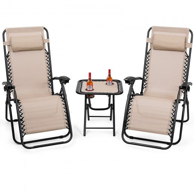 3 Pieces Folding Portable Zero Gravity Reclining Lounge Chairs Table Set