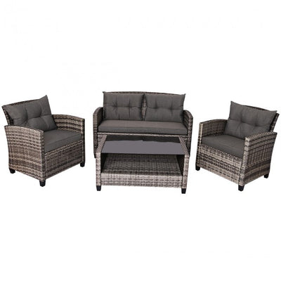 4 Pieces Patio Rattan Furniture Set Coffee Table Cushioned Sofa Set