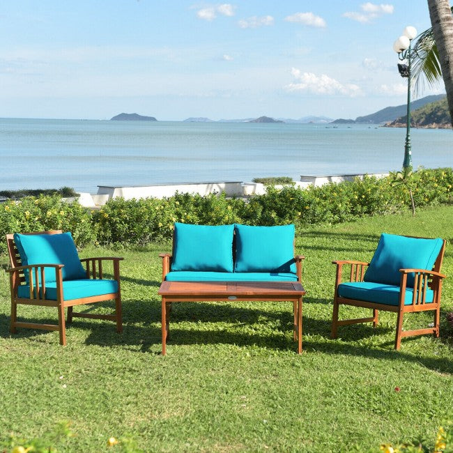 4 Pieces Wooden Patio Sofa Chair Set with Cushion