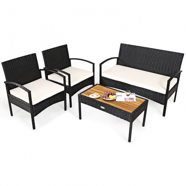 4 Pieces Patio Rattan Furniture Set Sofa Chair Coffee Table with Cushion