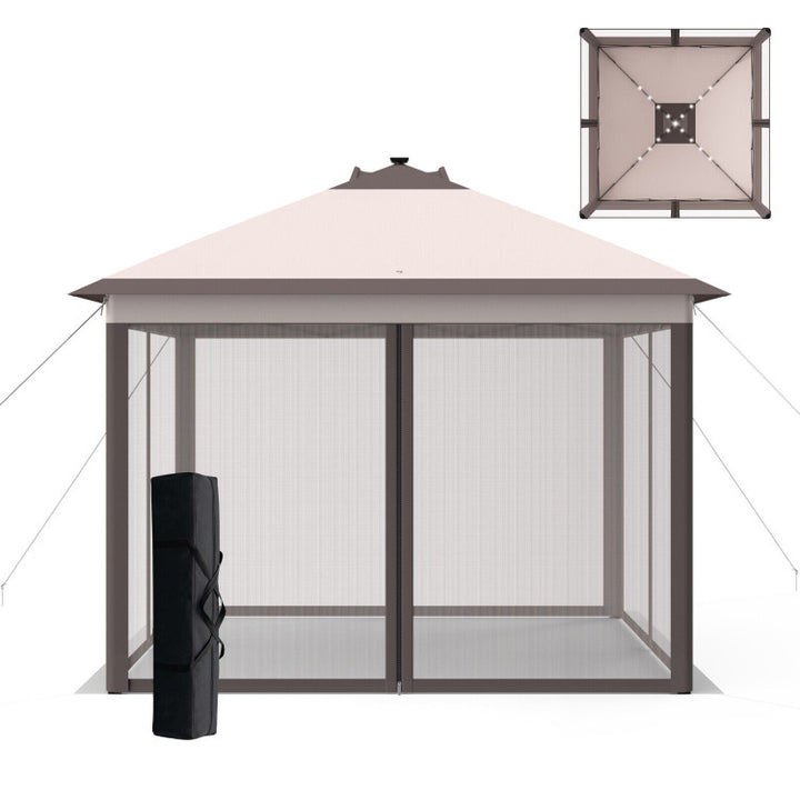 11 x 11 Feet Outdoor Height Adjustable Gazebo Patio Foldable Canopy Tent with Solar LED Light