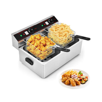 12.8QT Capacity Electric Deep Fryer 3400W Stainless Steel Countertop Dual Tank Fryers with Baskets and Temperature Control