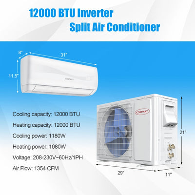 12000BTU Mini Split Inverter Air Conditioner 17 SEER2 208-230V Ductless Heater Wall-Mounted AC Unit with 5 Modes and 4 Speeds