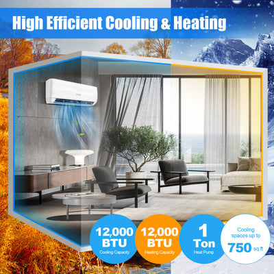 12000BTU Mini Split Inverter Air Conditioner 17 SEER2 208-230V Ductless Heater Wall-Mounted AC Unit with 5 Modes and 4 Speeds