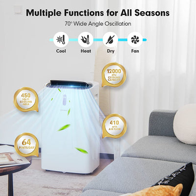 12000BTU Portable Air Conditioner 4-in-1 Oscillation Air Cooler with 24H Smart Timer and Remote Control