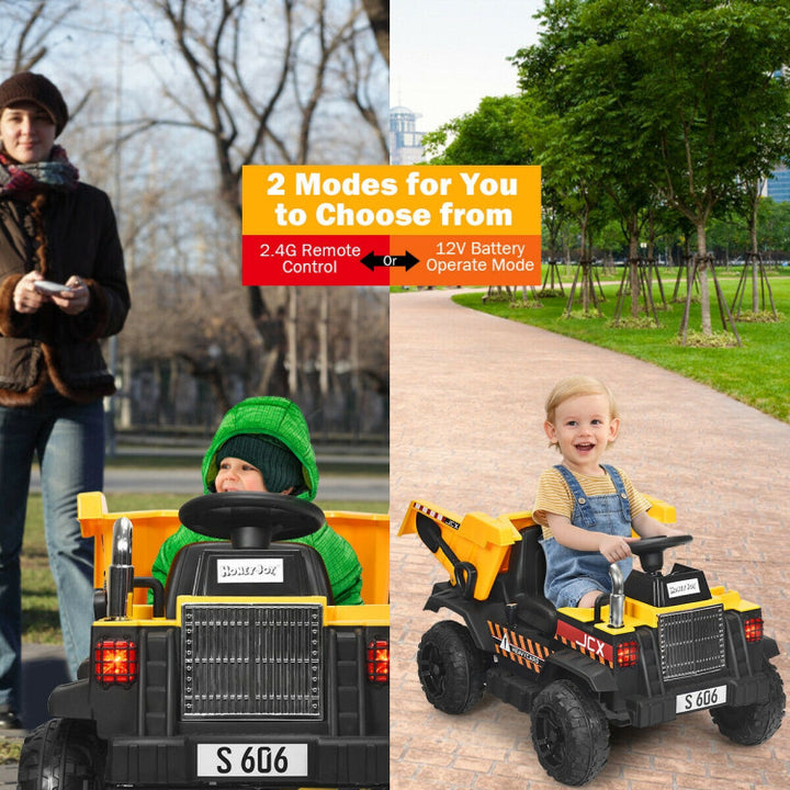 12V Electric Kids Ride-On Dump Truck Battery-Powered Construction Vehicle with Remote Control and Electric Bucket