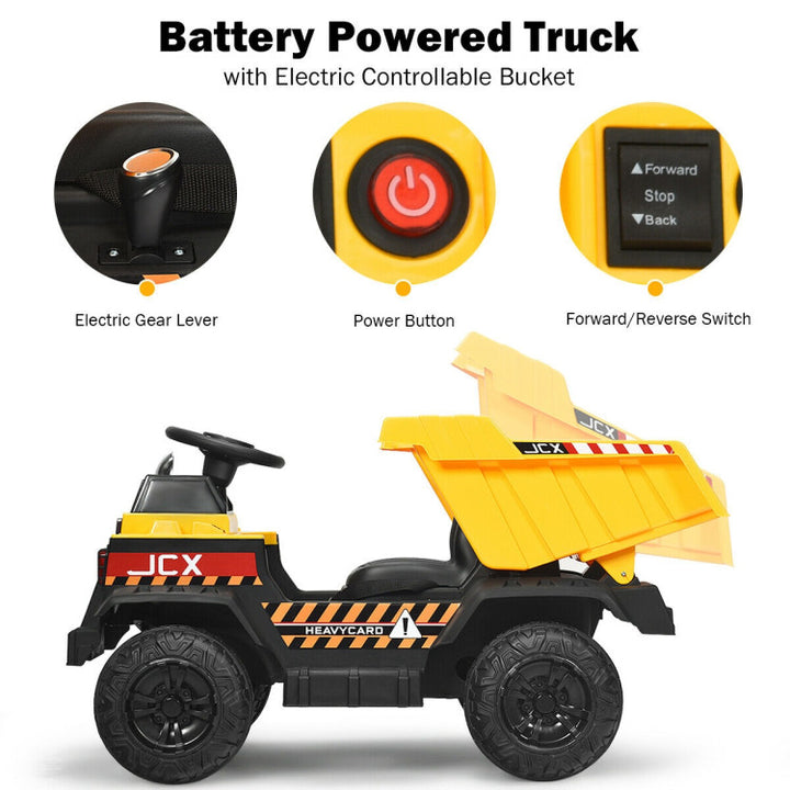 12V Electric Kids Ride-On Dump Truck Battery-Powered Construction Vehicle with Remote Control and Electric Bucket