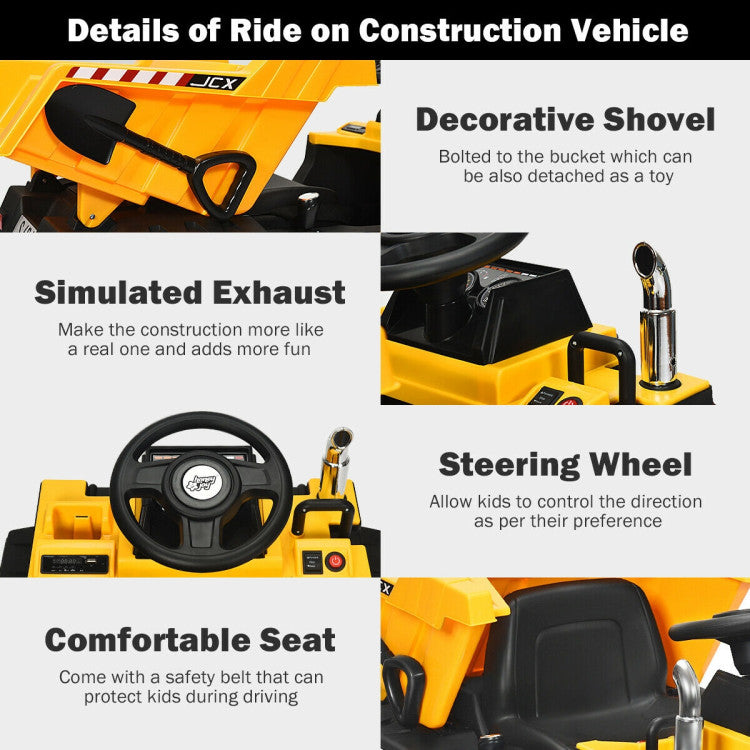 12V Electric Kids Ride-On Dump Truck Battery-Powered Construction Vehicle with Remote Control and Electric Bucket