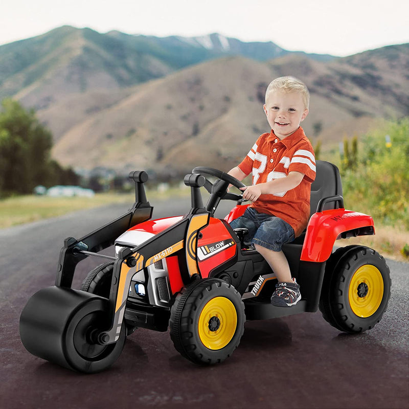 12V Kids Ride On Car Road Roller Battery Powered Electric Tractor with Remote Control Adjustable Drum Roller