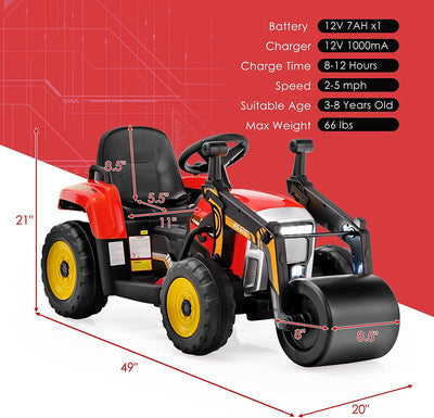 12V Kids Ride On Car Road Roller Battery Powered Electric Tractor with Remote Control Adjustable Drum Roller