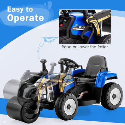 12V Kids Ride On Car Road Roller Battery Powered Electric Tractor with Remote Control Adjustable Drum Roller