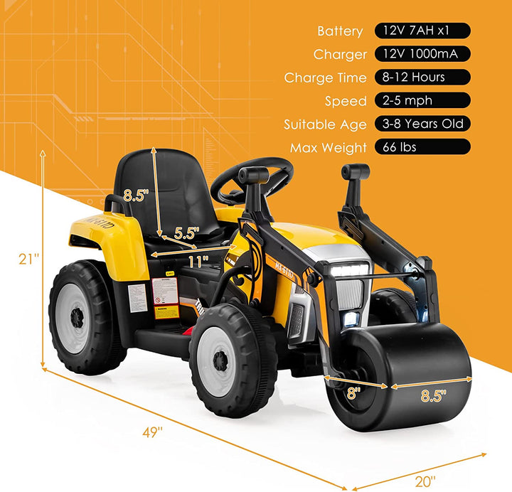 12V Kids Ride On Car Road Roller Battery Powered Electric Tractor with Remote Control Adjustable Drum Roller