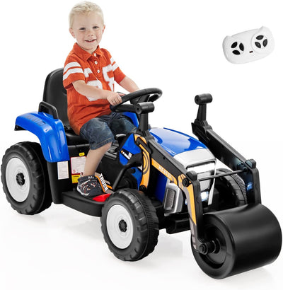 12V Kids Ride On Car Road Roller Battery Powered Electric Tractor with Remote Control Adjustable Drum Roller