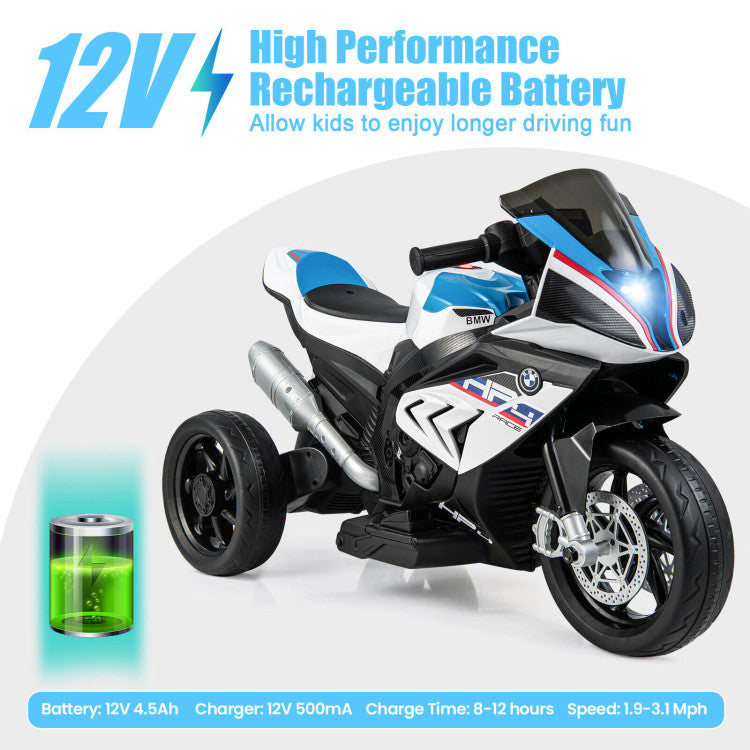 12V Licensed BMW Kids Ride On Motorcycle Battery Powered 3-Wheel Motorbike with Pedal Headlights