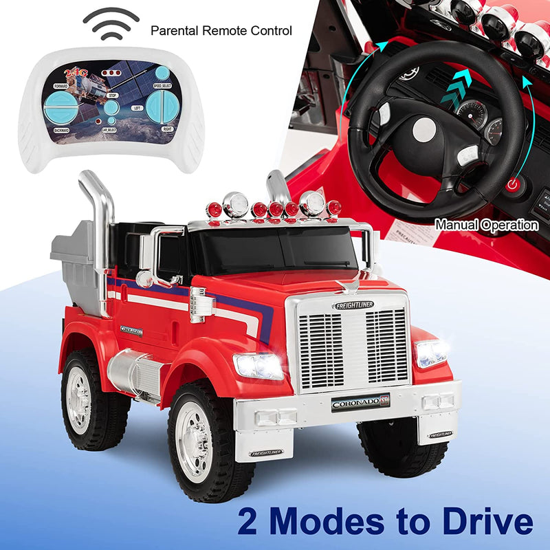 12V Licensed Freightliner Ride-On Dump Truck Electric Toy Car with Remote Control Rear Loader-Canada Only