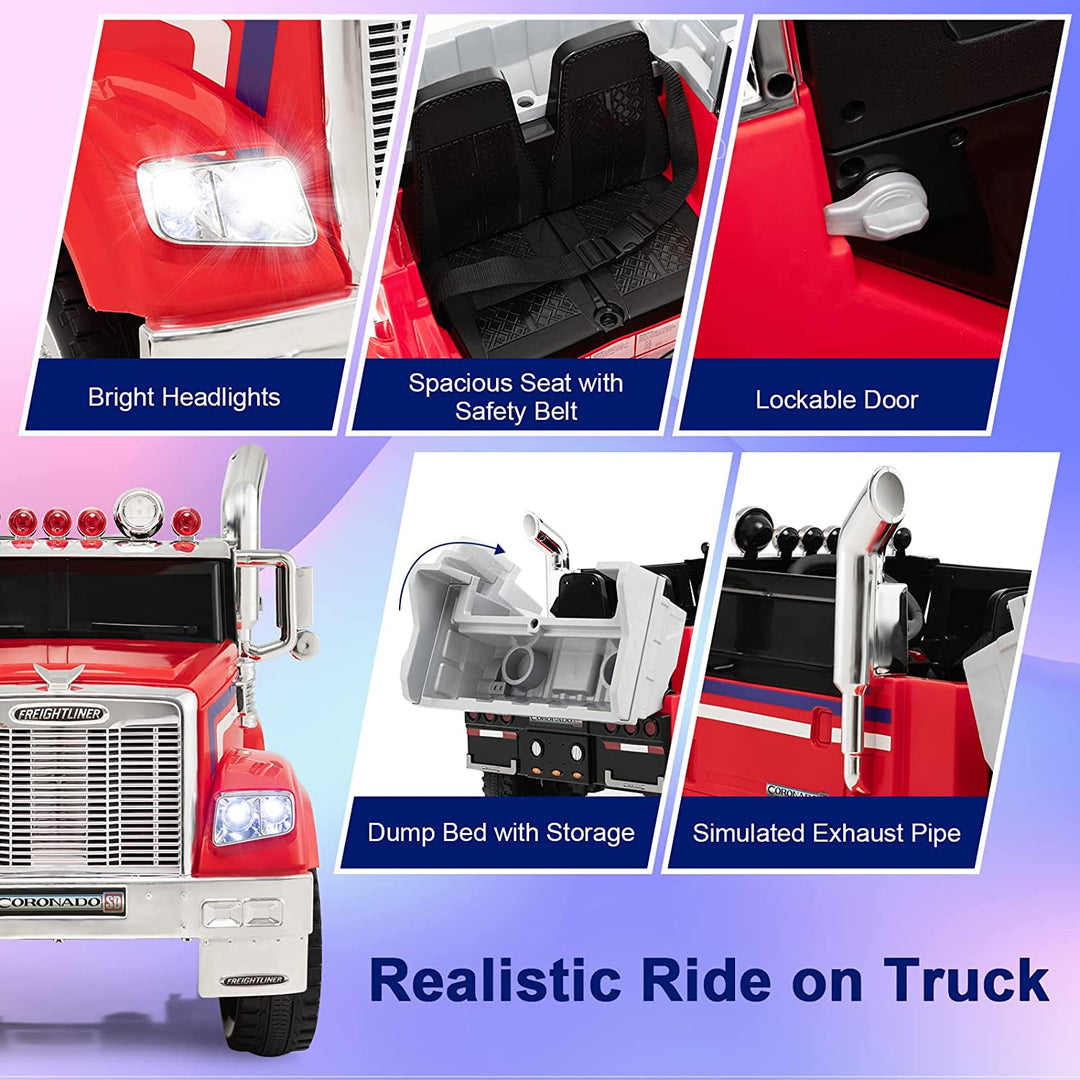12V Licensed Freightliner Ride-On Dump Truck Electric Toy Car with Remote Control Rear Loader-Canada Only