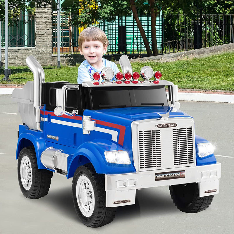 12V Licensed Freightliner Ride-On Dump Truck Electric Toy Car with Remote Control Rear Loader