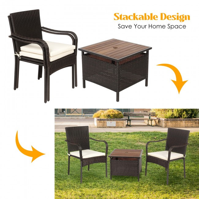 3 PCS Patio Rattan Furniture Bistro Set with Wood Side Table and Stackable Chair