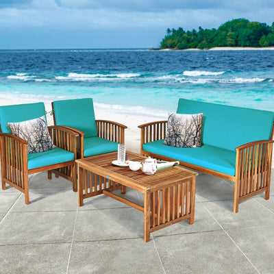 4 Pcs Patio Solid Wood Furniture Set with Water Resistant Cushions