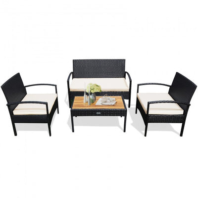 4 Pieces Patio Rattan Furniture Set Sofa Chair Coffee Table with Cushion