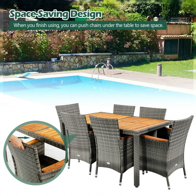 7 Pieces Patio Acacia Wood Cushioned Rattan Dining Set