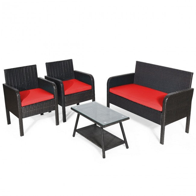4Pcs Patio Rattan Wicker Furniture Set Conversation Sofa Bench Cushion
