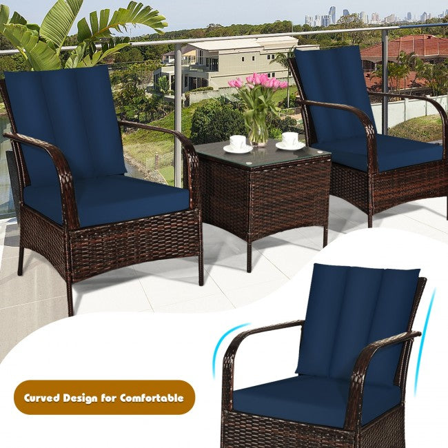 3 Pieces Patio Conversation Rattan Furniture Set with Glass Top Coffee Table and Cushions